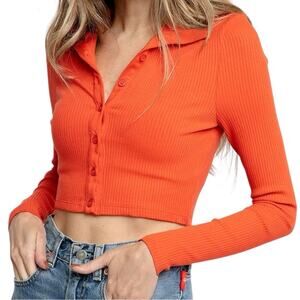 The Range Women’s Size M Blood Orange Alloy Rib Cropped Button Up Turtleneck Top